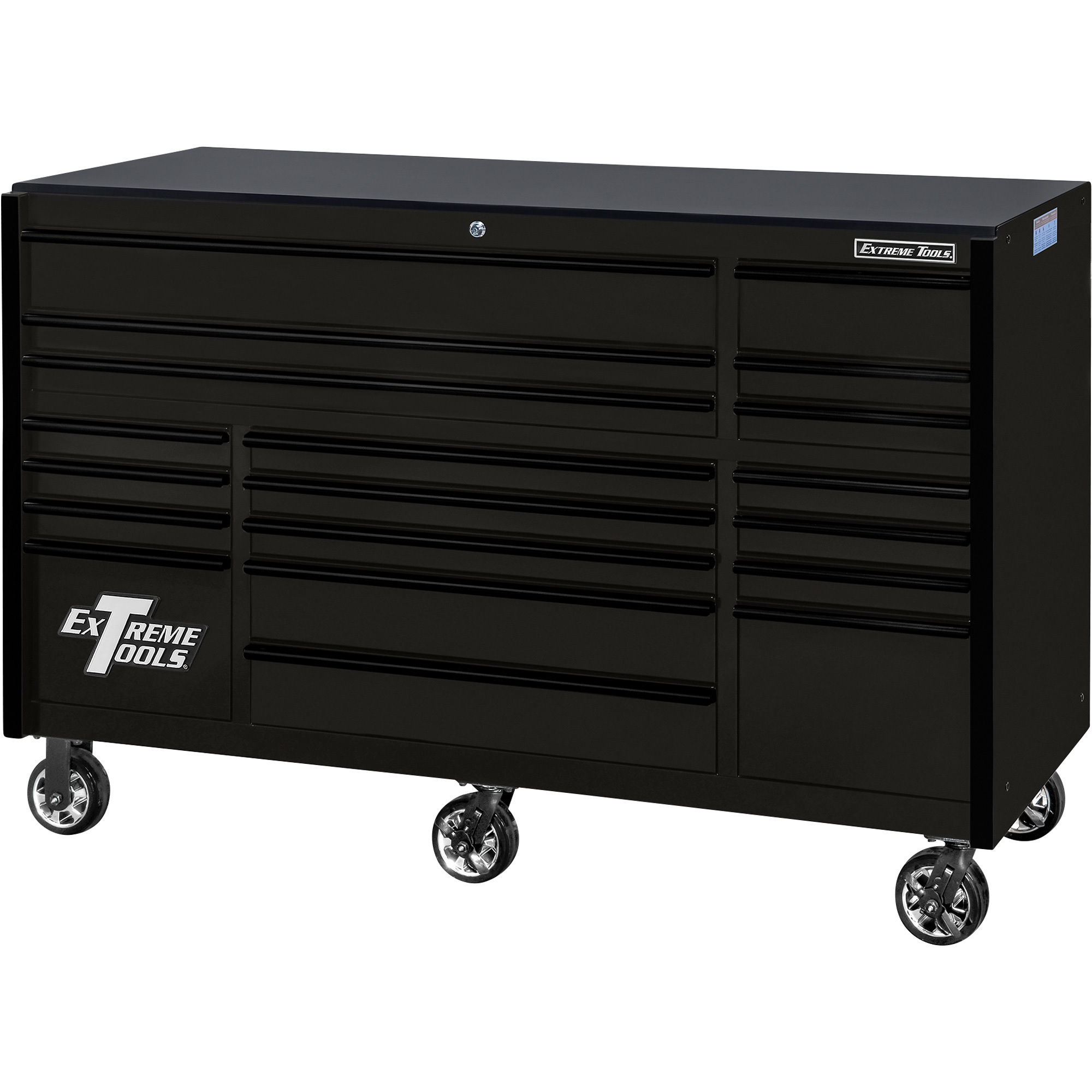 Extreme Tools 19-Drawer Roller Cabinet - 72in.W x 25in.D, 12-Ga. Steel, Ball Bearing Slides, Black, Model# RX722519RCMBBK-X